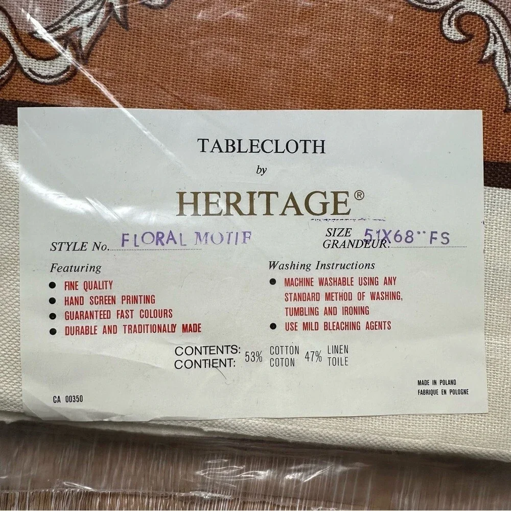 NOS Vintage Heritage Cotton Linen Rectangular Tablecloth Cream Brown - 51